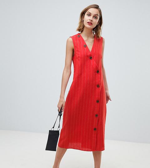 Mango Button Detail Midi Dress Linen In Red - Red