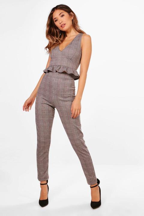 Check Plunge Crop And Skinny Trouser Set