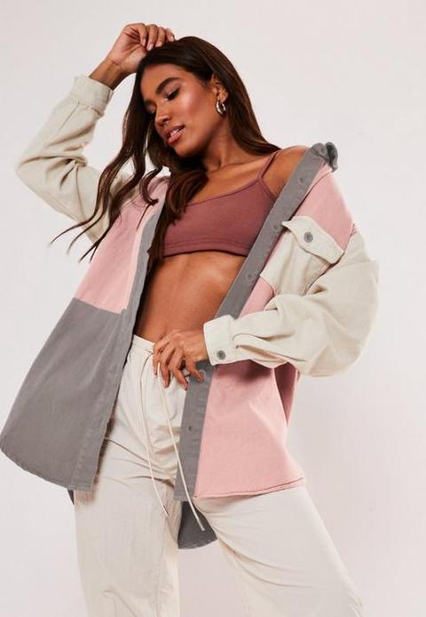 Pink Colourblock Oversized Denim Shirt, Pink