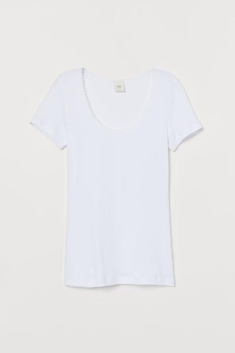 H & M - Top In Jersey Con Pizzo - Bianco