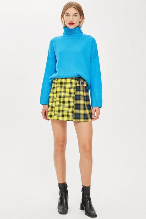 Mixed Check Buckle Kilt Mini Skirt