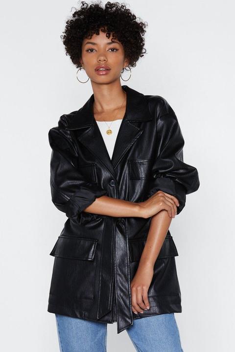 Womens Faux Leather Relaxed Belted Jacket