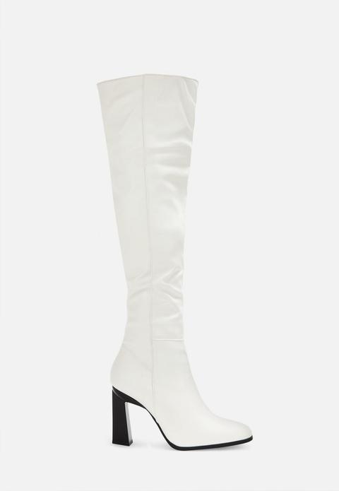 White Faux Leather Flared Heel Boots 