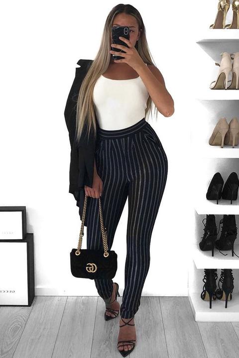 Black High Waist Striped Trousers - Savina