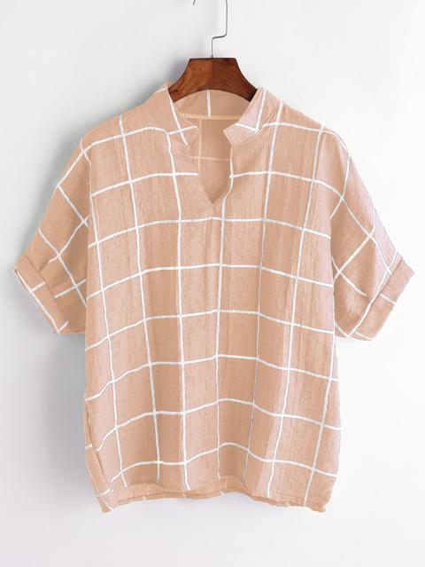 Pink Grid Print Dip Hem V Neck Blouse