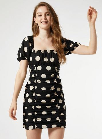 Womens Black Spot Ruched Mini Dress, Black