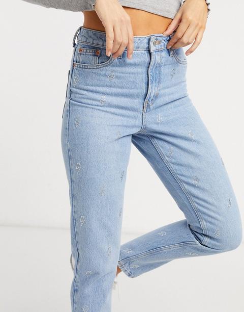Topshop Lightning Detail Mom Jeans In Bleach Stone Wash-blue