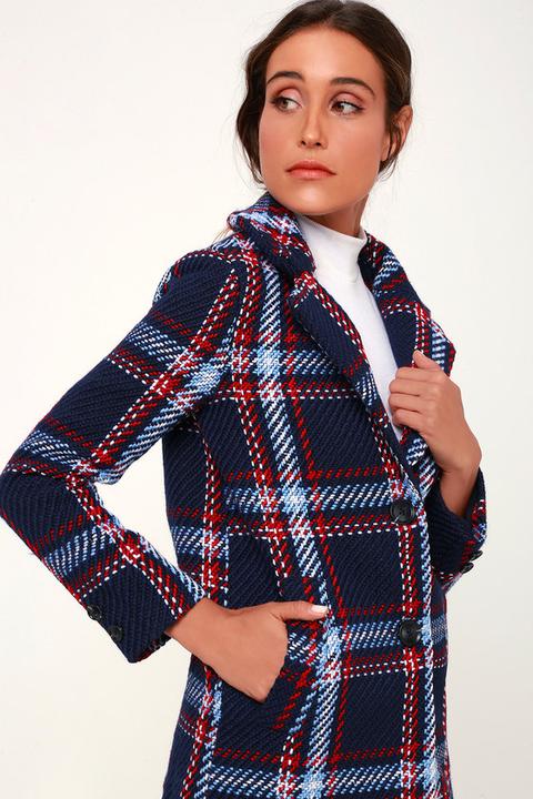 Clement Navy Blue Plaid Coat - Lulus