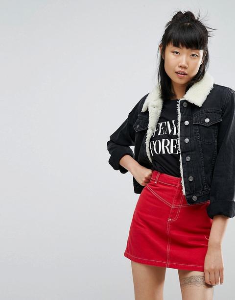 Chaqueta Denim Y Borreguito En Negro Desgastado De Asos