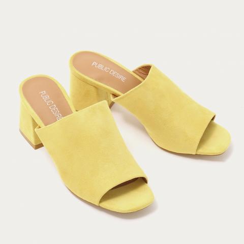 Promise Flared Block Heel Mules In Yellow Faux Suede