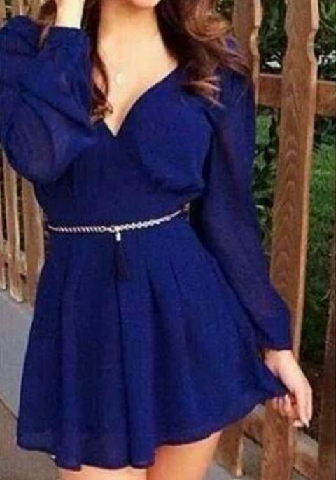 Blue Plain Pleated V-neck Long Sleeve Fashion Chiffon Mini Dress