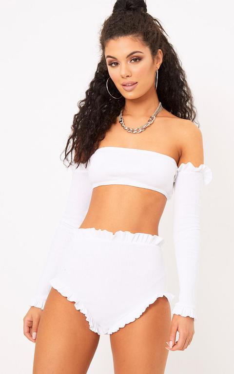 Nanda White Frill Ribbed Bardot Crop Top