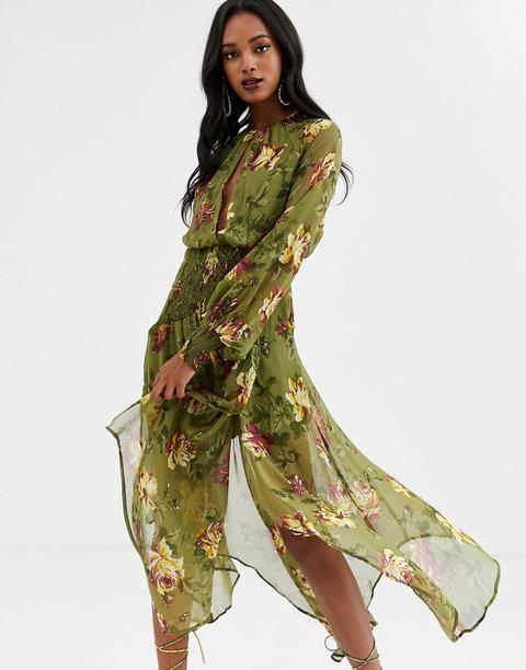 Vestido Semilargo Con Diseño Fruncido Y Cintura Caída Con Flores De Asos Design-multicolor