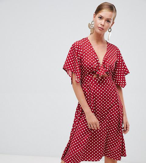 Vestido Midi Rojo Con Diseño De Lunares Con Nudo En La Parte Delantera Y Mangas De Ángel De Boohoo