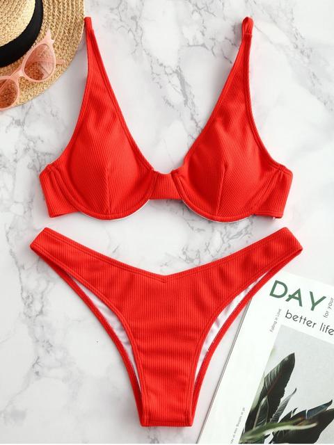 Zaful Bikini Acanalado Con Aros Bright Orange