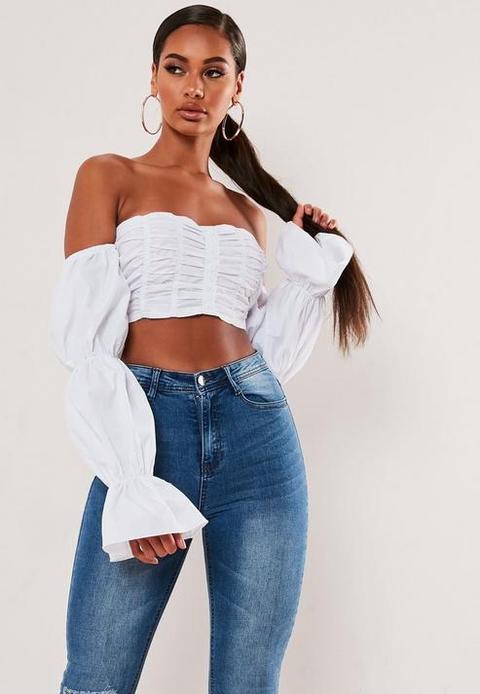 White Ruched Long Sleeve Bardot Crop Top, White