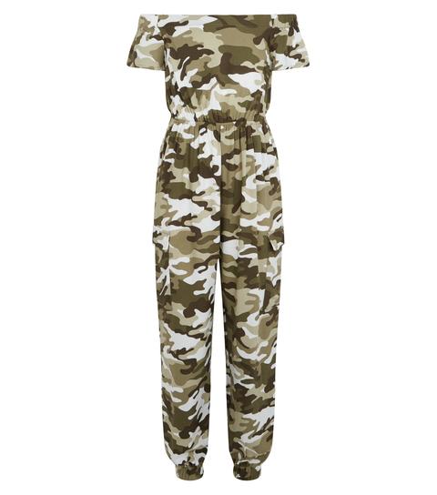 Girls Green Camo Bardot Utility Jumpsuit New Look