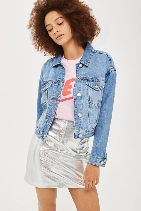 Womens Petite Boxy Cropped Denim Jacket - Mid Stone, Mid Stone