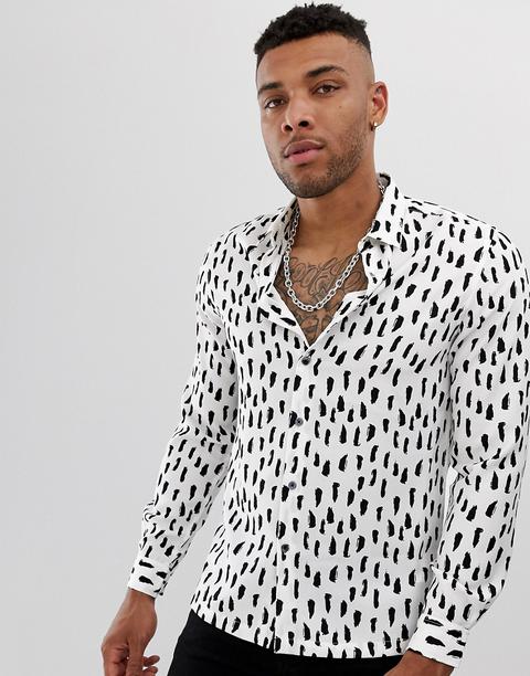 Asos Design Regular Fit Shirt In Animal Print With Deep Revere-white