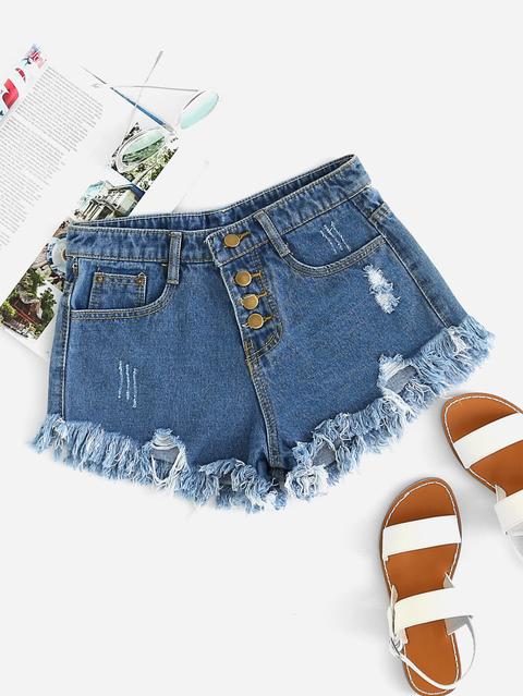 Distressed Fray Hem Denim Shorts