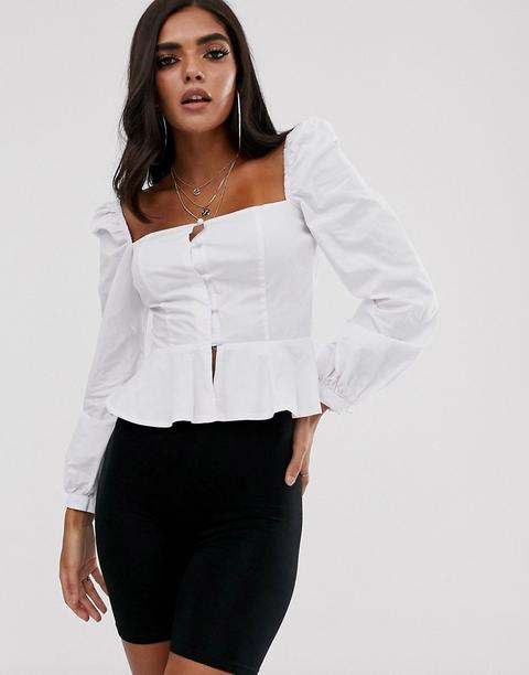 Blusa Blanca Con Escote Cuadrado Con Sobrefalda Y Mangas Anudadas De Missguided-blanco