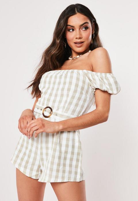 Nude Belted Gingham Romper