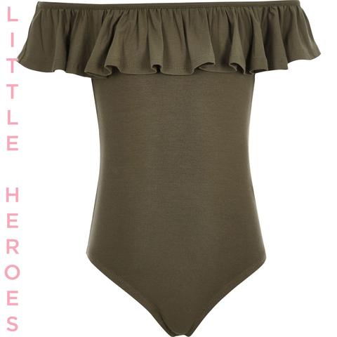 Girls Khaki Green Ruffle Bardot Bodysuit