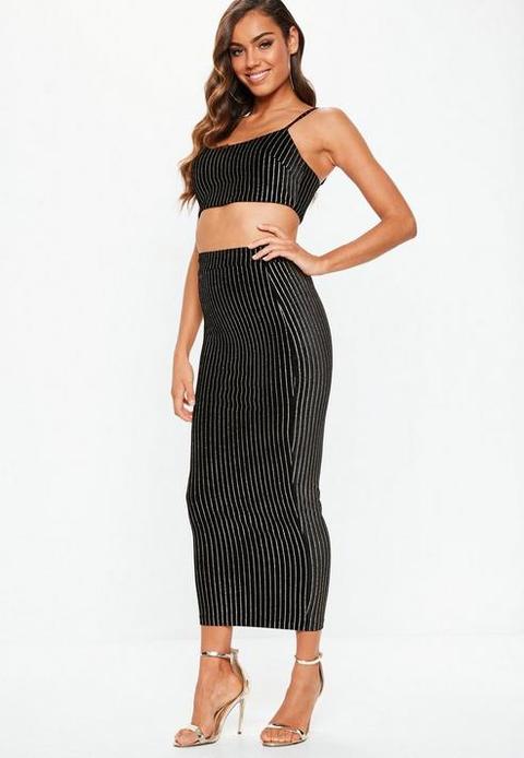 Black Velvet Glitter Stripe Cami Crop And Midi Co-ord, Black