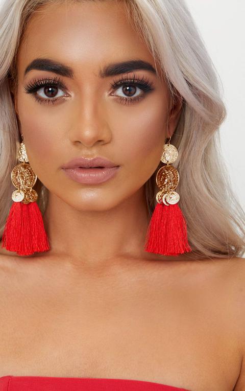 Red Coin Drop Tassel Earrings