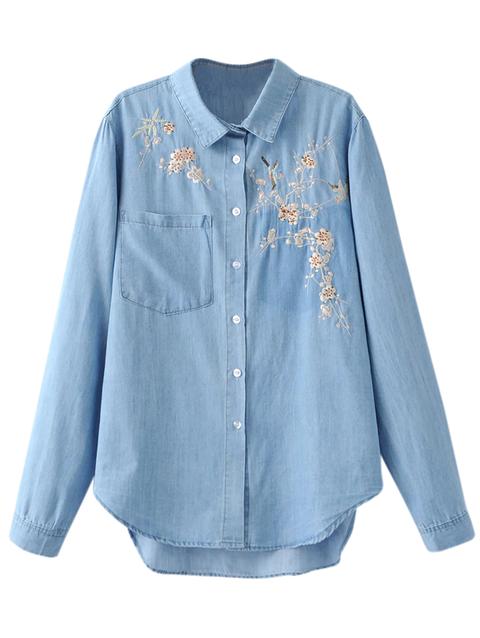 Ricamato High-low Camicia Di Jeans Light Blue