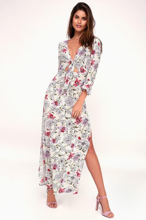 Forever Lust White Floral Print Tie-front Maxi Dress