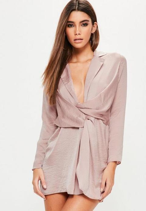 Petite Pink Hammered Satin Wrap Plunge Dress, Violet