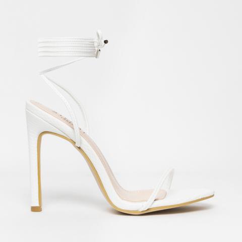 Shayla White Snake Lace Up Stiletto Heels