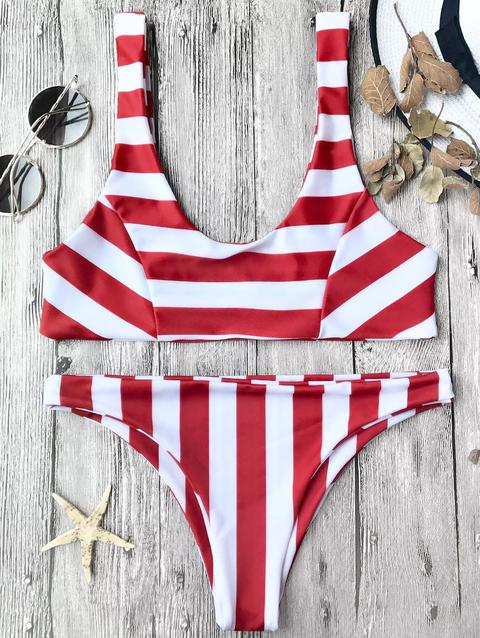 Bikini Top A Righe A Collo Rotondo E Bottoms Red With White