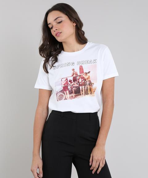 T-shirt Feminina Mindset "spring Break" Manga Curta Decote Redondo Off White