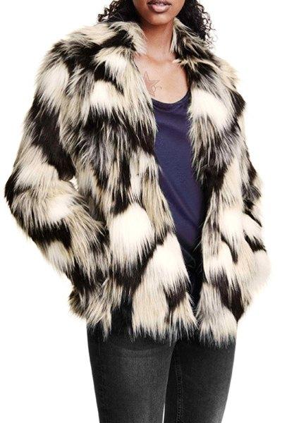 Faux Fur Long Sleeve Color Block Coat