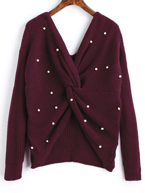 Maglione A Torsione Con Perline E Scollo A V Di Zaful Deep Gray Gray Cloud Pink Mustard Wine Red