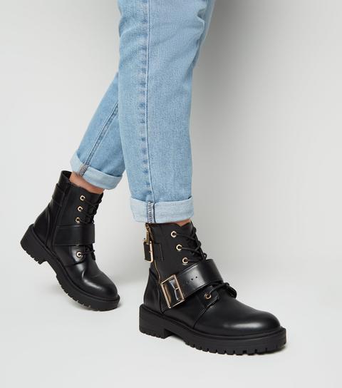 new look black buckle boots