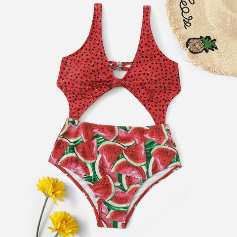 Random Watermelon Print Cut-out One Piece Swim