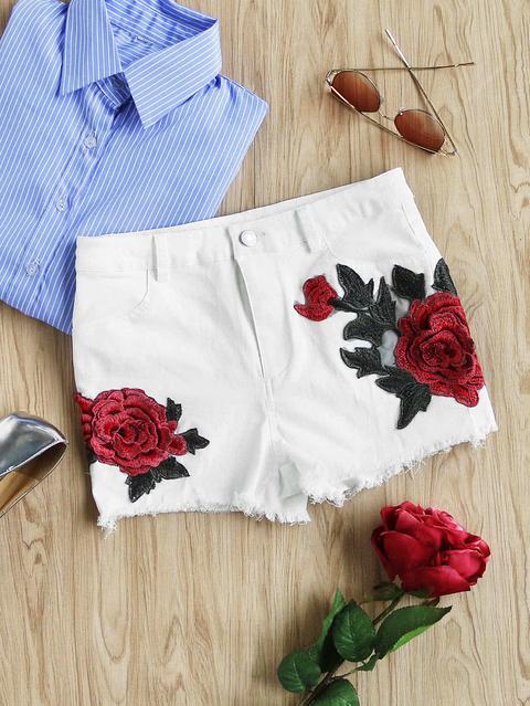 3d Rose Applique Raw Hem Shorts