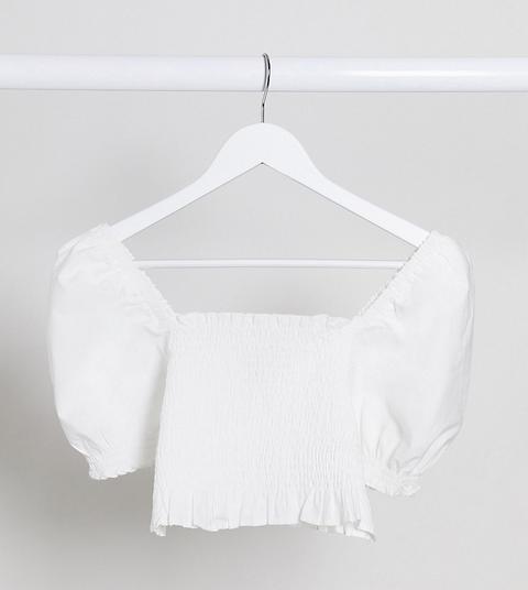 Collusion Cotton Shirred Square Neck Top In White