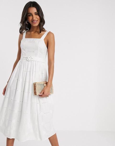 Asos Design Daisy Broderie Midi Sundress With Self Belt In White