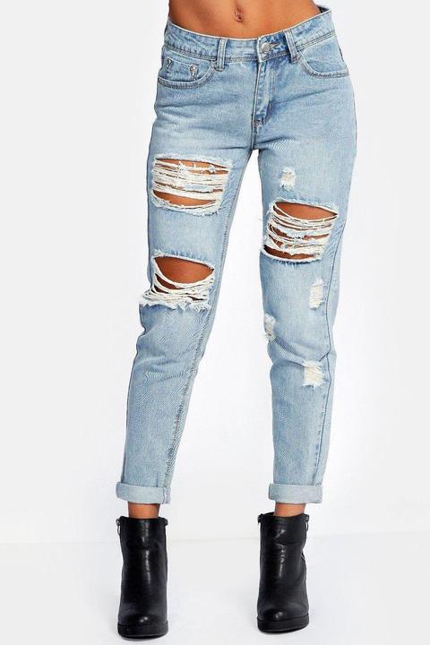 Womens Mid Rise All Over Ripped 7/8th Boyfriend Jeans - Blue - 12