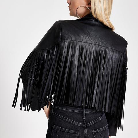 Black Faux Leather Fringe Crop Jacket