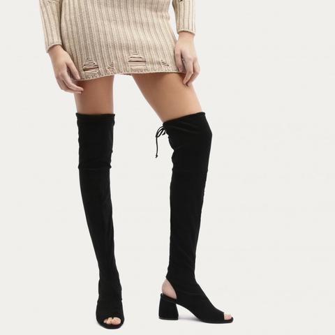 Kodie Flared Heel Over The Knee Boots In Black Faux Suede