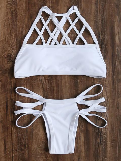 White Cutout Cross Back Bikini Set