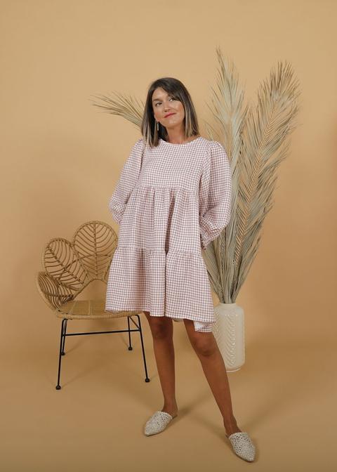 Vestido Lino Cuadro Vichy Bajo Volumen Rosa Oscuro