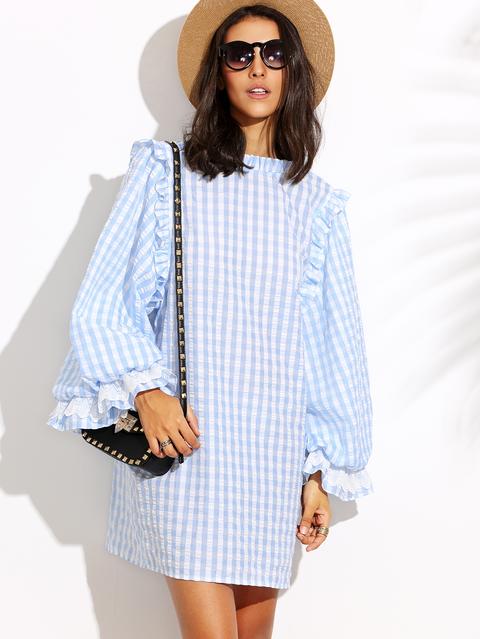 Vestido Recto A Cuadros Manga Acampanada Azul