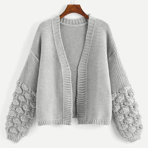 Plus Open Front Textured Lantern Sleeve Cardigan