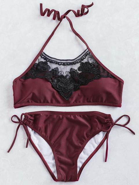 Burgundy Contrast Lace Detail Halter Bikini Set